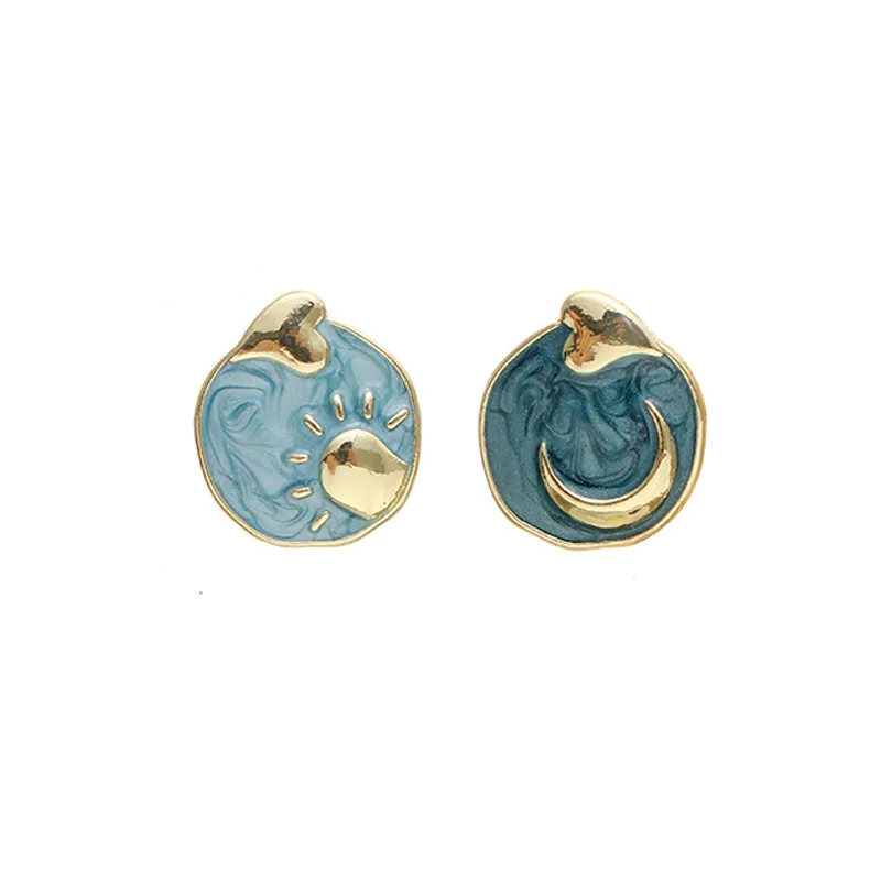 Elegant Sun and Moon Asymmetrical Enamel Earrings
