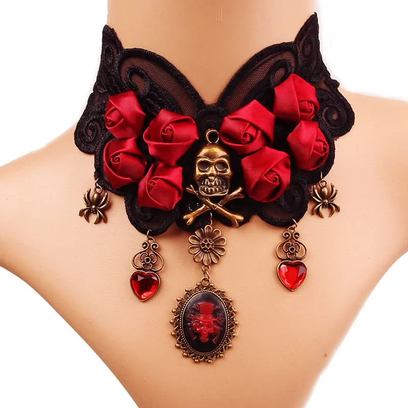 Gothic Skull and Rose Lace Necklace