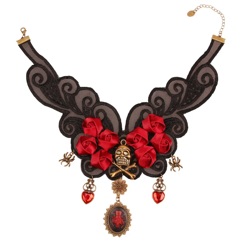 Gothic Skull and Rose Lace Necklace