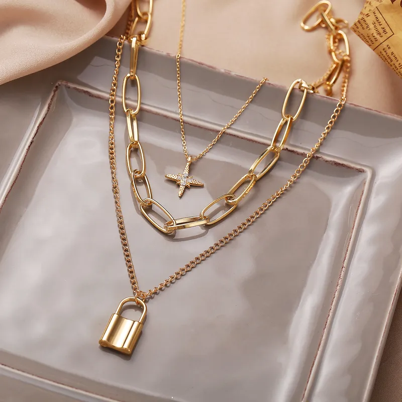 Elegant Multi-Layer Lock and Star Pendant Necklace